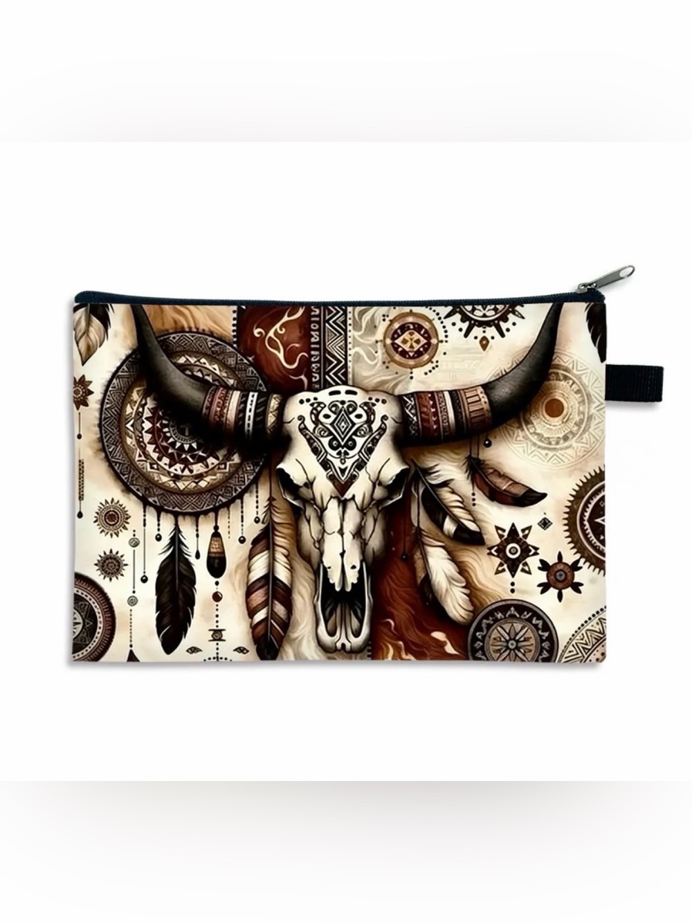 Boho Skull & Feathers Cosmetic Pouch - Neutral Brown